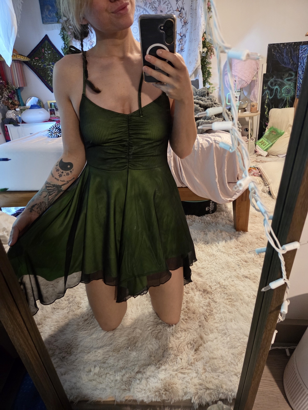 Dolls Kill Olive Green Spaghetti-Strap Asymmetrical Skater Dress